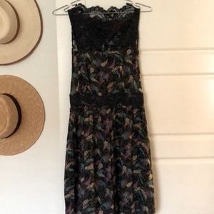 Free People, size small, navy blue printed with lace neckline dress.